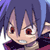 Pixelated anime-style character face with spiky purple hair, brown eyes, and a neutral expression against a blue gradient background.