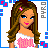 Pixel art contact sheet of a 3x3 grid showing multiple frames from an animated AIM buddy icon featuring a cartoon girl with long brown hair, pink text on her shirt, and blue/pink border elements.