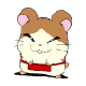 A 4x3 contact sheet of a cartoon hamster character with brown and white fur, pink ears, red belt, and changing facial expressions across 12 frames on a gray background.