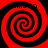 Four red and black spiral patterns arranged in a with pixelated text above each spiral