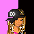 Pixel art character with blonde hair, black cap, pink and black outfit, and pink leg wraps against pink and black background.