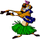 Pixelated cartoon character in hula attire with blue sash and green grass skirt, holding a maraca-like prop while dancing.