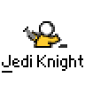 Animated contact sheet of a yellow stick figure Jedi Knight performing lightsaber combat actions across 20 frames with blue and red saber effects on gray background.