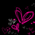 Pixelated pink and gray abstract shapes on a black background, with scattered dark fragments around the edges.