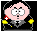 Pixelated cartoon character with pink face, black hair, gray glasses, and yellow hands in a suit against dark background.