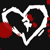 Static pixelated icon featuring a white heart outline with red splatter effects on black background, including a small white stick figure inside the heart and additional red shapes scattered around.
