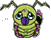 Animated green insectoid character with purple eyes and pink accents, displaying sequential expressions from neutral to crying while holding a black object.