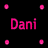 Two side-by-side display the name 'Dani' in pixelated text; left has pink text on black background with four pink dots, right has dark text on bright pink background with four dark dots