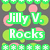 Pixelated green and pink circular shapes surround white text reading "Jilly V. Rocks" on a dark gray background.