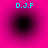 Four identical circular icons with a black center and pink gradient border, each displaying cyan text "D.J.F" at the top against a solid pink background.
