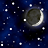 Animated space scene with six crescent moons and white shooting stars against a dark blue starry background.