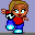 Pixelated character in red shirt and blue pants with light brown hair, shown across of animation