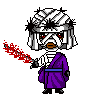 Pixel art character with white-and-gray striped head covering, red eyes, purple robe with blue sash, holding red pixelated sword, gray background.