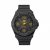 A dark gray wristwatch with a rounded rectangular case and strap, featuring a central circular dial displaying blurred greenish-yellow and purple hues.