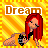 Pixel art buddy icon featuring a red-haired female character with black top against orange-yellow gradient background and "Dream" text above her.
