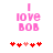 Pixelated pink text 'I love BOB' above red and pink heart symbols on white background.