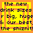 Pixelated text on a yellow background with orange borders, displaying drink size claims and 'the shiznit!' in dark blue.