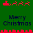 Green background with red pixelated Santa sleigh and reindeer icons above and below dark blue "Merry Christmas" text in two