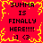 Red background with yellow jagged border displays four identical text blocks reading 'SUMMA IS FINALLY HERE!!!!! :3' in black pixelated font.