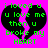 A static pixel art image with a bright pink background, featuring two identical black broken heart shapes and green text reading "i loved u u love me then u broke my HEART".
