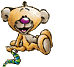 Animated sequence of a cartoon teddy bear with purple nose and green-and-blue striped worm, showing varied poses and expressions against gray background.