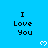 Pixelated blue background with repeated "I Love You" text and white heart symbols in a