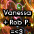Pixelated text displays 'Vanessa + Rob P. =<3' over a multicolored pixelated background with warm tones.