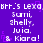 Pixelated text on purple background repeats 'BFFL's Lexa' followed by names and an ampersand, with small square shapes scattered around.