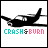 Black silhouette of a propeller plane on white background with "CRASH" in cyan and "BURN" in pink text below, accompanied by small heart symbols.
