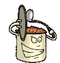 Animated cartoon character with a can body, brown contents visible inside, holding a spoon and lid in both hands.
