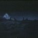 Static pixelated image of a nighttime landscape with mountains, water, and a bright moon or light source on the left side against a dark sky.