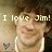 A pixelated image of a person with brown hair wearing a white tank top, displaying text "I love Jim!" and a small heart symbol.