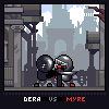 Pixel art scene showing two armored figures in combat stance with a cityscape background and text reading "DERA VS MYRE" at the bottom.