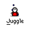 Six animated frames of a pixel art character in red clothing juggling blue balls on a gray background, each labeled "Juggle" below.