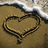 A pixelated heart shape drawn in dark lines on a brown textured background with light and dark blue accents at the top.