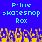 Blue background with cyan text reading Prime Skateshop Rox and yellow-orange pixelated shapes at the bottom.