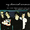 Five figures in a horizontal line against a dark background with a teal stripe; text above reads 'my chemical romance' in stylized script.