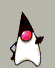 Animated character with black triangular hat, red circular nose, white body, and dark limbs in various poses against gray background.