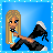 Pixelated character with blonde hair and blue eyes holds black object with white tip, set against blue background with white dots.