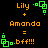 Pixelated orange text and green geometric shapes on black background with repeated 'Lily + Amanda = .bff!!!' composition.