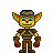 Pixel art character with yellow skin, green eyes, and large pointed ears wearing a brown armored outfit and helmet with red accent.