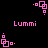 Pink pixelated text 'Lummi' appears below four pink geometric shapes on a black background, with two shapes positioned above and two below the text.