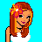 Pixelated character with long brown hair and flower headband against bright blue background, text reads 'beach babe' in dark pixels.