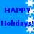 Blue background with repeated 'HAPPY Holidays!' text and white snowflakes in vertical