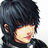 Pixelated anime-style character with dark hair and a high collar, holding a brown-haired figure against a black background with white text.