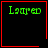 Four red-bordered black squares display green pixelated text 'Laurel' with a small red heart in the top-right square and a red asterisk-like symbol in the bottom-right square.