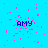 Blue background with pink pixelated dots scattered across, five instances of the text 'AMY' in dark blue pixelated font, one gray rectangular area on the right side.
