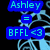Pixelated blue text boxes display 'Ashley', an equals sign, and 'BFFL <3' against a black background with light blue abstract patterns.