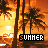 Pixelated sunset scene with palm trees and 'SUMMER' text, featuring animated orange heart outline that alternates between solid and outlined states.