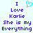 Pixelated text reads "I Love Karlie She is my Everything" with a cyan heart symbol above the text on a light blue background.